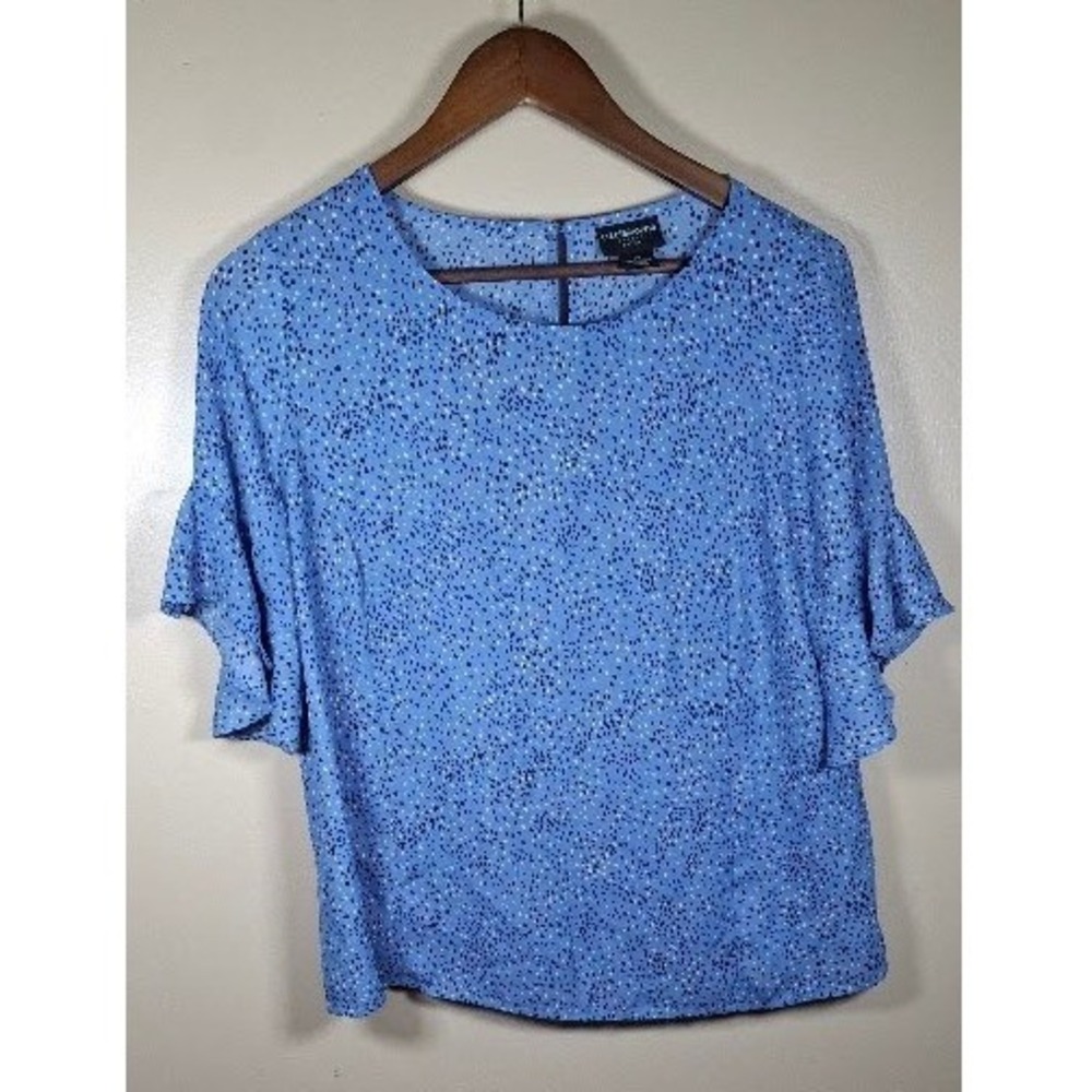 Liz Claiborne Career Petite Blue Speckled Ruffle Sleeve Blouse PM